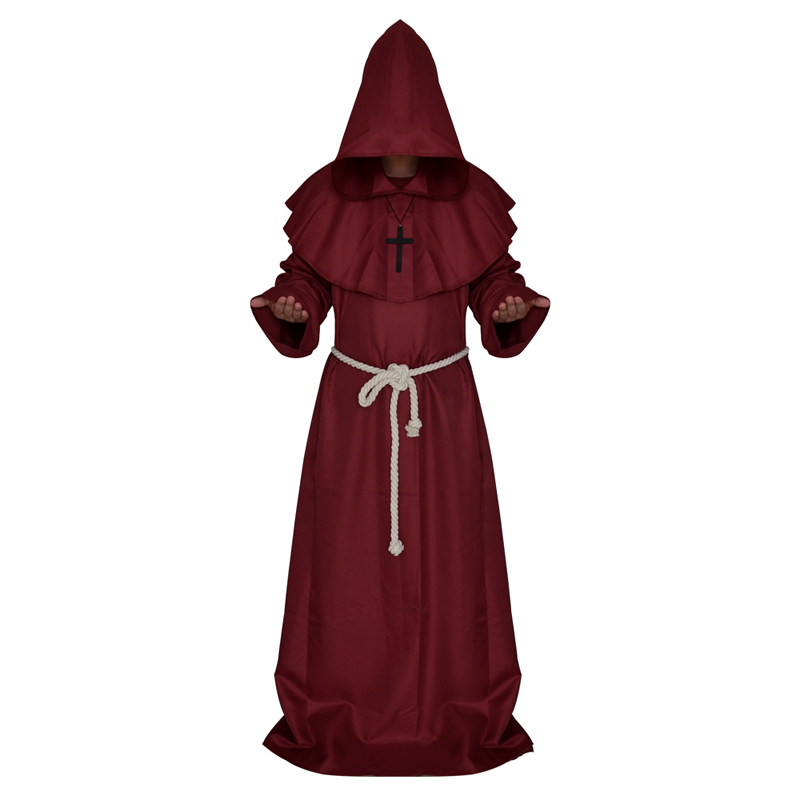 Halloween Costume Medieval Monk Priest Friar Cosplay Hooded Robes Cloak Cowl: White/Blue/Black/Coffee/Red Color: Red Color / M