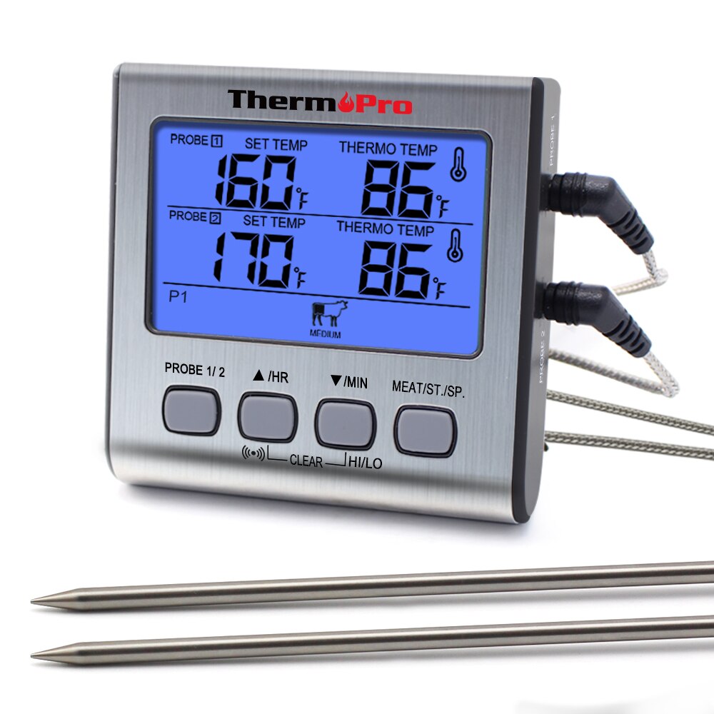 ThermoPro TP17 Dual Sonde Kochen Im Freien Fleisch Thermometer Großen Lcd-hintergrundbeleuchtung Essen Grill Thermometer mit Timer Modus für Raucher: TP17-Sliver