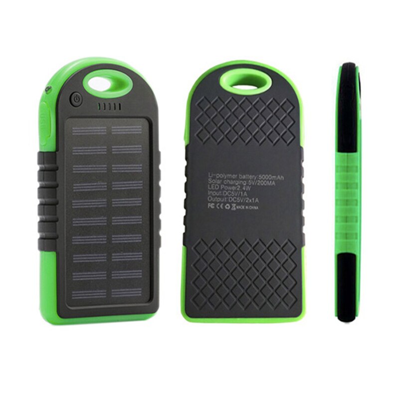 Outdoor Camping Waterproof 5000mah Portable Solar Battery Phone Charger: 1LED-BlackGreen