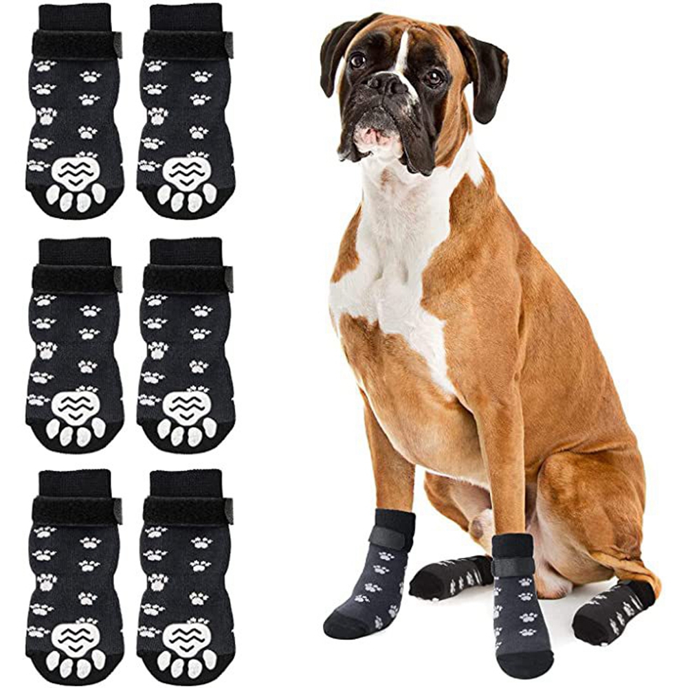 Chaussettes antidérapantes pour chien, 4 pièces, protection des pattes, contrôle de Traction, vêtements d'intérieur réglables, chaussettes tricotées pour animaux de compagnie avec renfort en caoutchouc