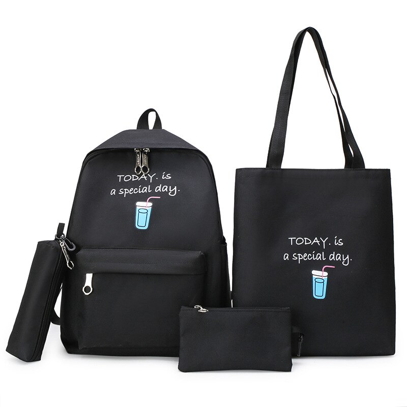 4 pièces/ensemble adolescent filles sac à dos frais sac à crayons pochette toile sacs à bandoulière voyage impression sac à main étudiants cartable: Black