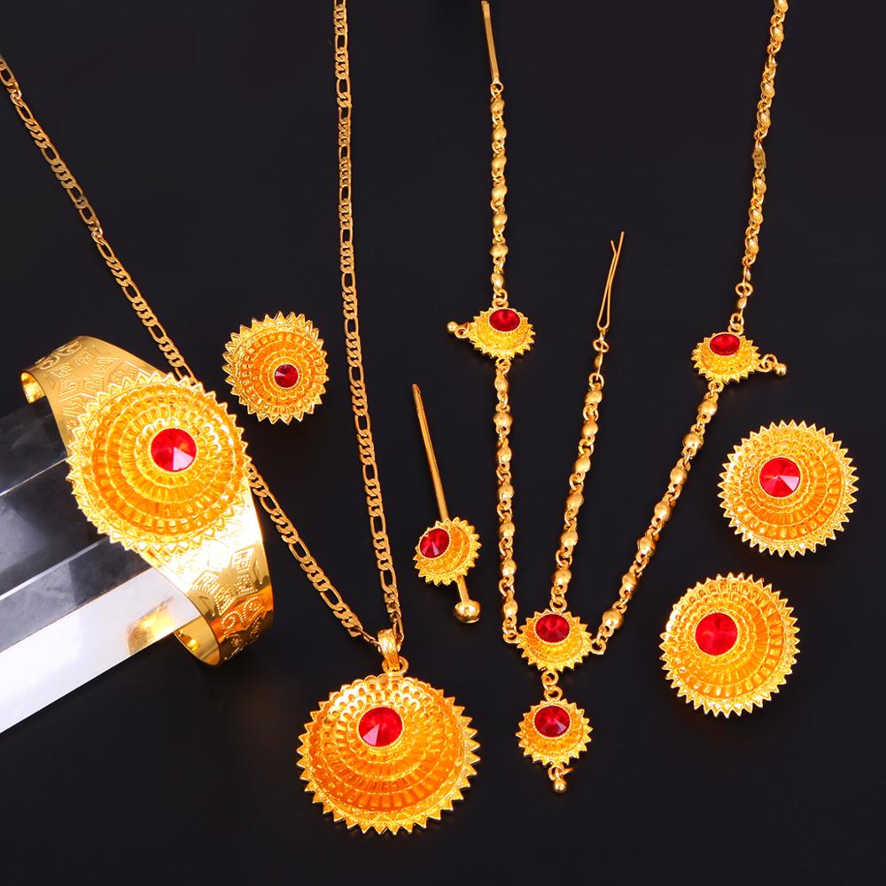 Etiopisk guldfarve hårstykke vedhæng halskæde øreringe ring hår pin armbånd eritrea afrika kvinder bryllup smykker sæt
