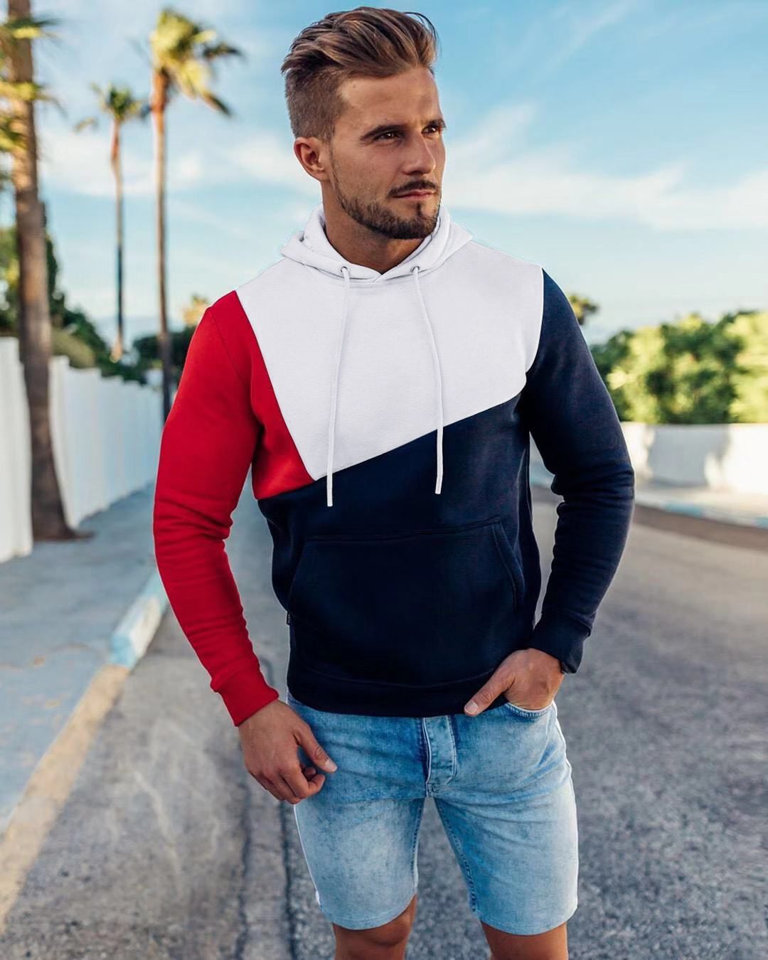 Primavera e autunno nuovi maglioni da uomo Pullover cuciture contrasto colore Casual Stretch sport maglione con cappuccio felpa da uomo