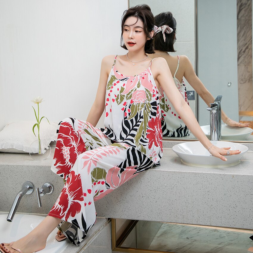 HECHAN Flowers Pattern Female Sleepwear 2 Piece Set Spaghetti Strap Sleeveless Tops Loose Print Pants Women Sets Casual Homewear