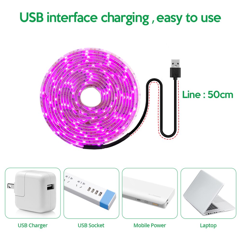 LED Grow Light Full Spectrum USB Grow Light Strip 5M 2835 SMD DC5V LED Phyto Tape for Seed Plants Flowers Greenhouses Vegetable