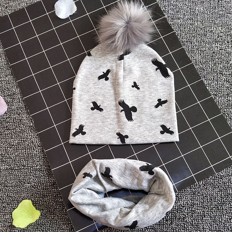 Baby Muts Sjaal Set Print Katoen Kinderen Cap Kraag Kids Jongens Meisjes Mutsen Baby Peuter Hoeden Sjaals Winter Hoeden Voor 1-3T: grey eagle