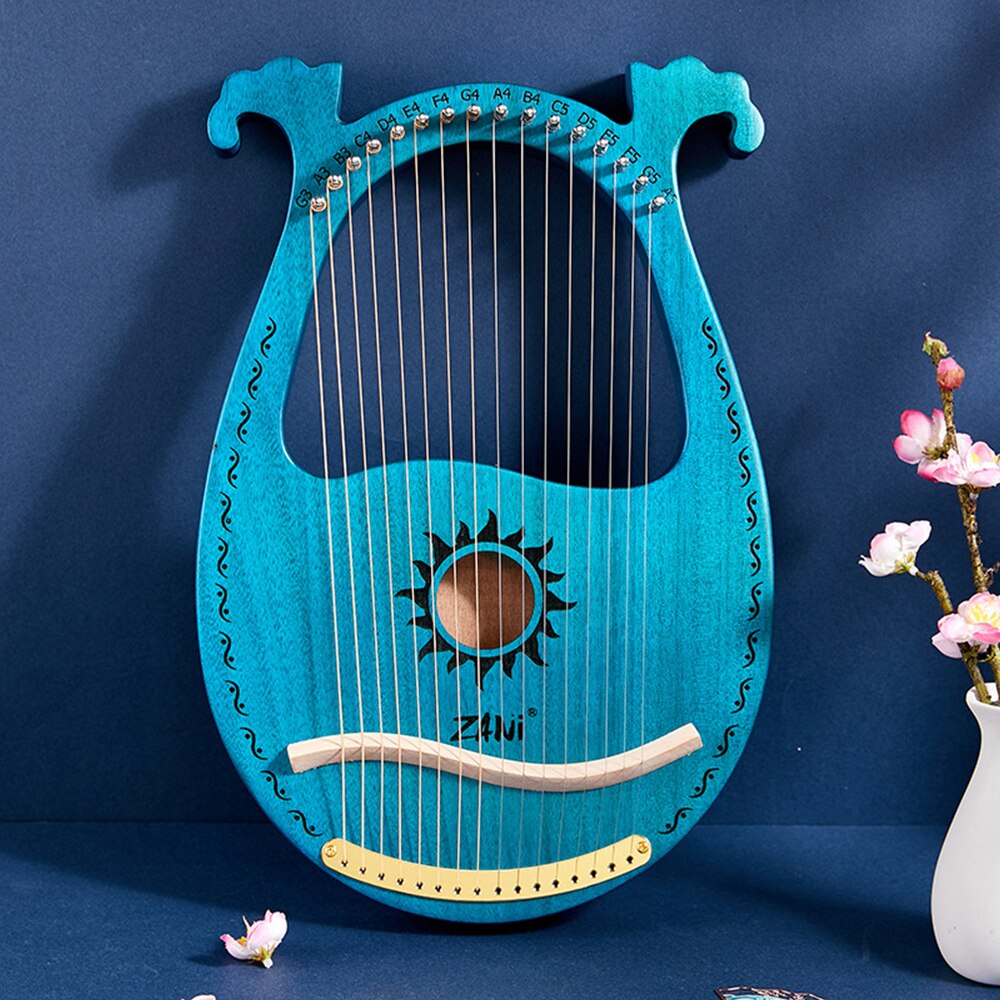 Solid Wooden Entertainment Wooden Lyre Harp Sun God Pattern With Tuning Tool Wrench Cleaning Cloth Metal Strings
