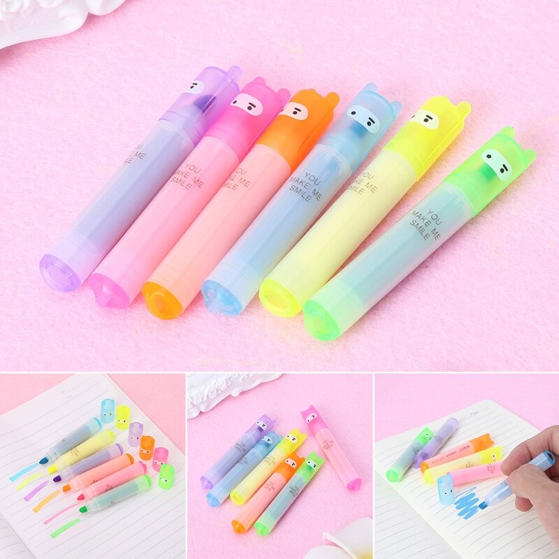6x Korean Mini Highlighter Lovely Cartoon Marking Pen Office Stationery R9JA