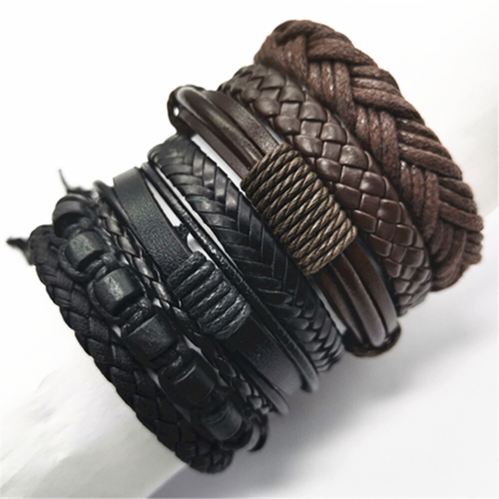 Week Bracelets 7pcs/set Black Brown Men Bracelets Wristband Rope Wrap Bangle Leather Bracelets Women Jewelry Accessories