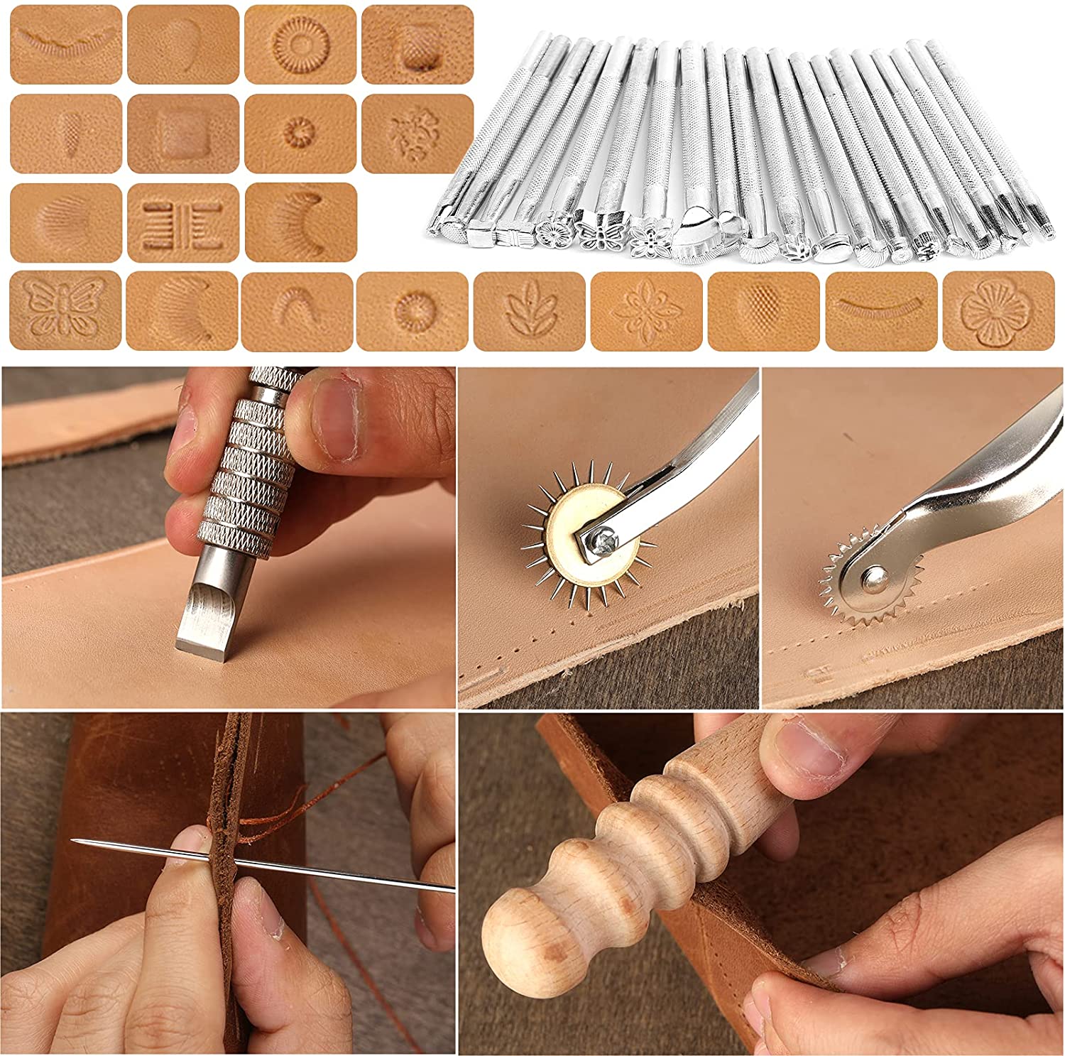 Outils de travail du cuir, poinçon biseauté, cordes de cire, aiguilles pour couture, poinçonnage, coupe, couture, fabrication artisanale du cuir