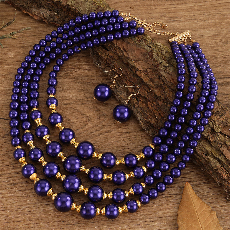 Meerlaagse bruidssieradensets voor dames, blauwe plastic kralen ketting en oorbellen set, afrikaanse kralen sieradenset