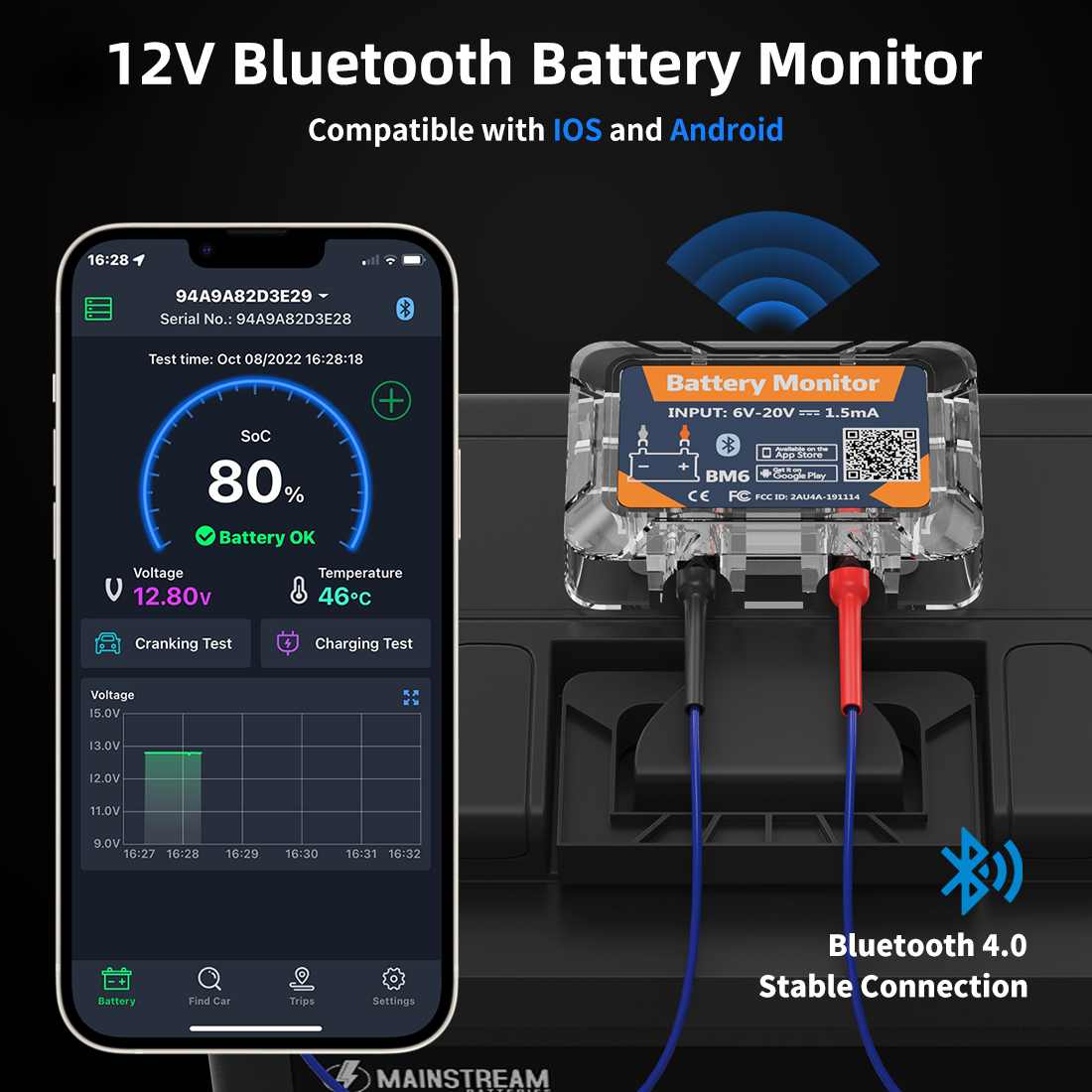BM6-monitor de batería inalámbrico con Bluetooth 4,0, dispositivo de 12V con aplicación de control de salud, probador de batería para Android e IOS, en oferta
