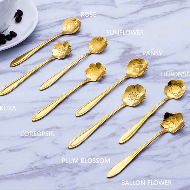 Geschirr Kaffee Rühren Löffel Keramik Griff Blume Scoop Edelstahl Gold Überzogene Kirsche Rose Löffel Küche Werkzeuge