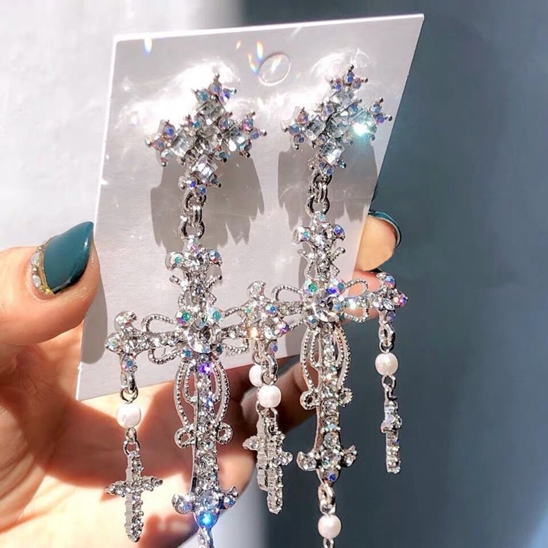 Mwsonya Paleis Stijl Zilver Kleur Luxe Crystal Cross Dangle Oorbellen Voor Vrouwen Elegante Kwastje Partij Sieraden