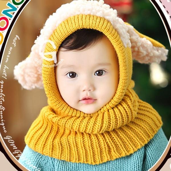 Winter Baby Hat and Scarf Joint With Dog Style Crochet Knitted Caps for Infant Boys Girls Children Kids Neck Warmer: Yellow
