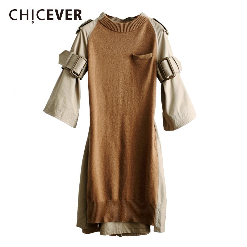 CHICEVER Spring Knitted Women Dress With Belt Flare Sleeve Loose Big Size Back Split Black Dresses Female Clothes: khaki / M