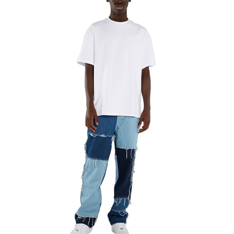 Spring Men's Straight Leg Jeans Frayed Patchwork Color Block Relaxed Fit Denim Pants Stylish Fit Long Trousers