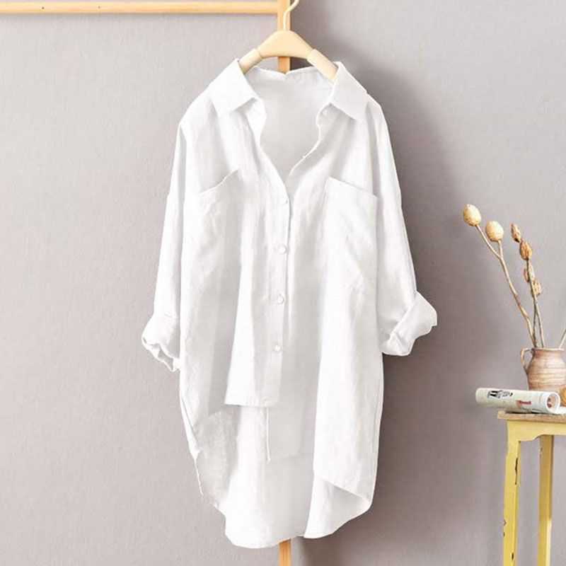 2025 Primavera Verano ropa de calle camisa holgada de Color sólido ropa de mujer bolsillos combinables blusa coreana de un solo pecho: S / Blanco