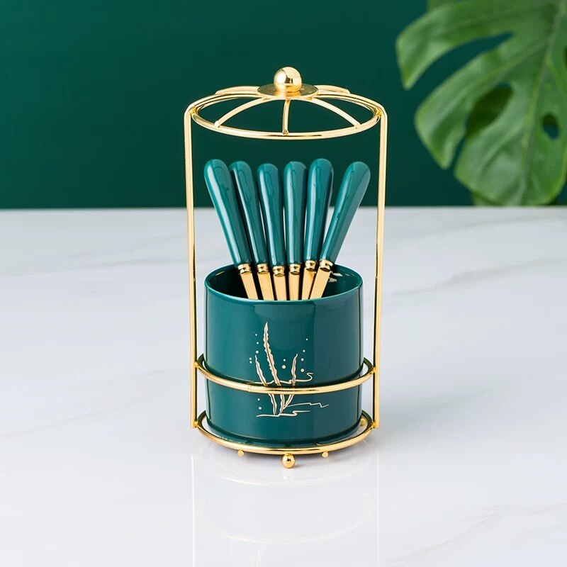 Nordic Ceramic Stainless Steel Fruit Fork Storage Tube Dessert Fork Cake Fork Fruit Fork Storage Pot Living Room Fruit Fork Set: 6 forks pot rack 9