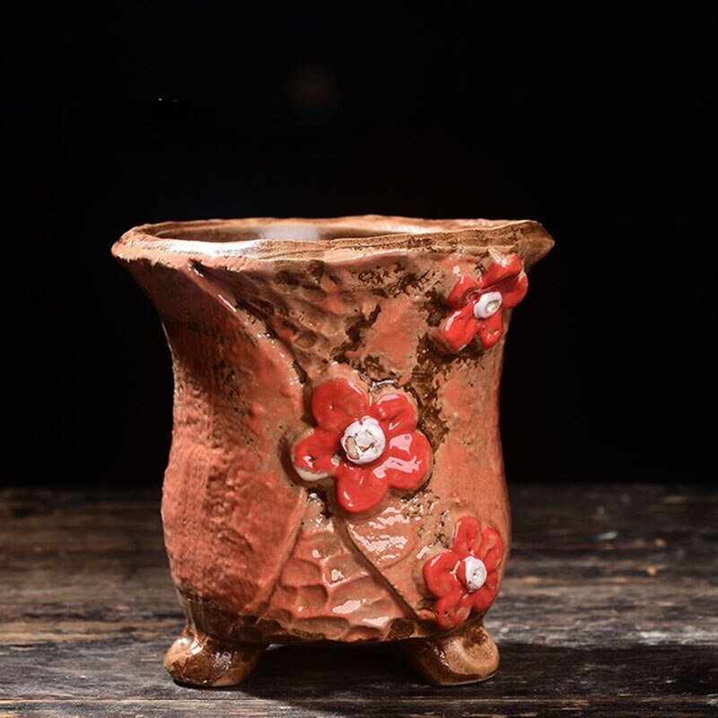Ceramic Flowerpot Coarse Poterry Floral Pattern Fleshy Plant Pot Breathable Vase Office Desktop Ornaments Garden Decor: 7.5x10cm