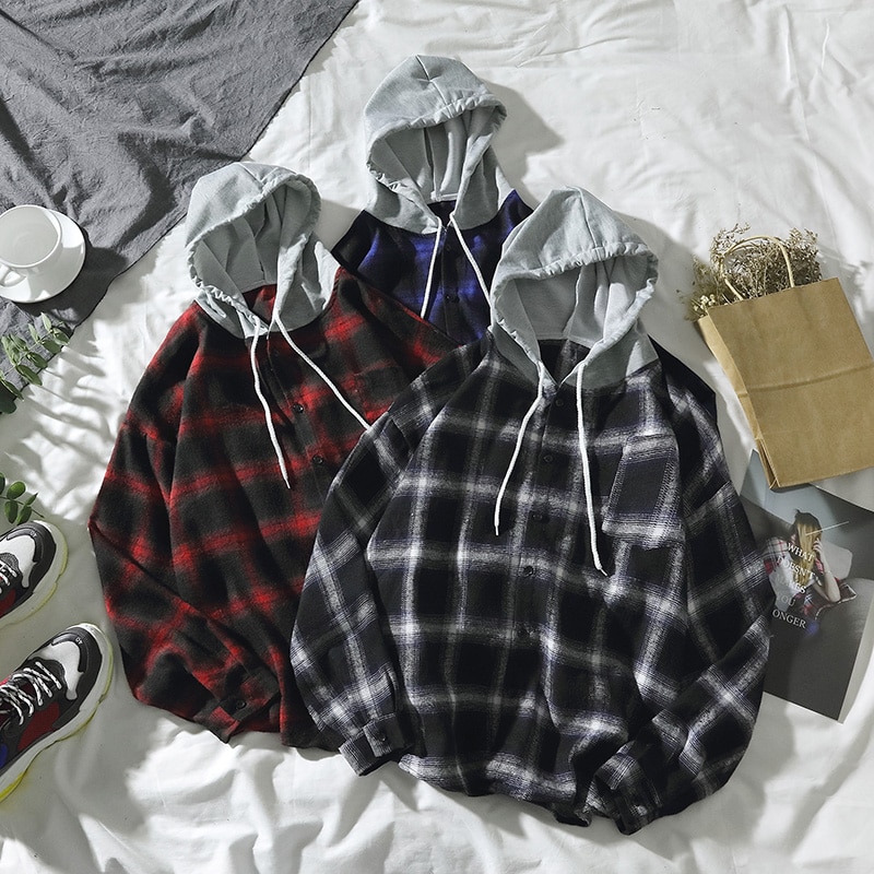 Skjorte herre tøj retro plus size herre skjorter lange ærmer plaid koreansk stil harajuku enkeltradet