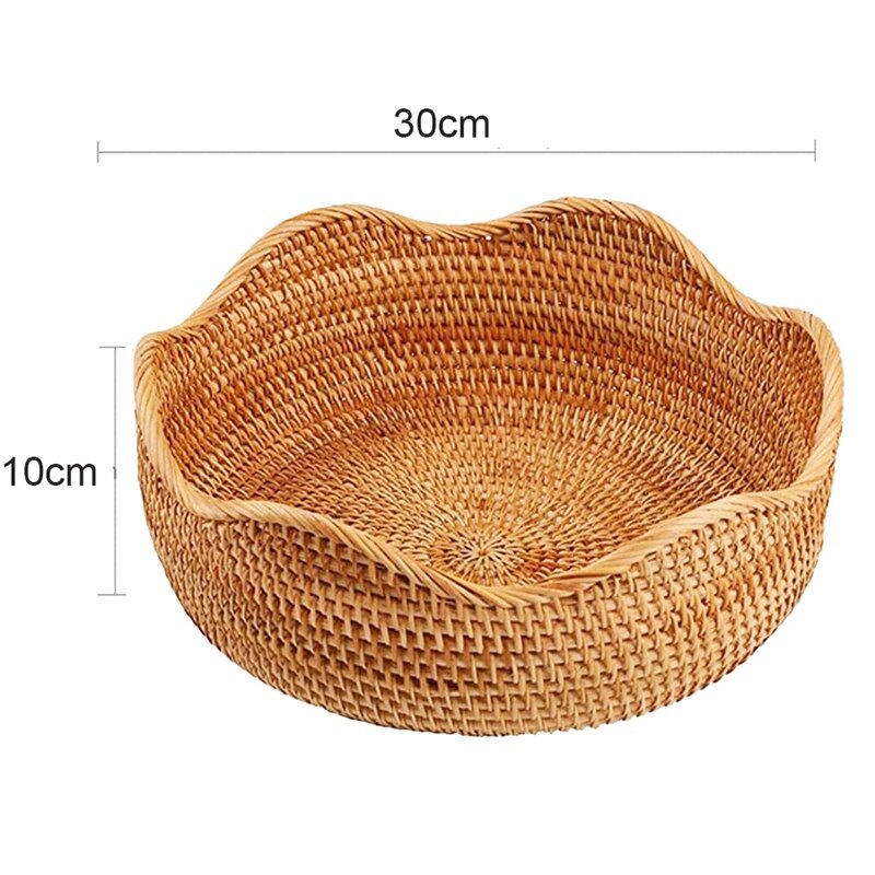 Handmade Rattan Round Fruit Basket Food Storage Bowls Kitchen Organizer Snack Serving Bowl (Large 11 inch)