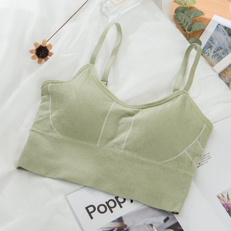 ATHVOTAR Solid Color Seamless V-Neck Bralette Camisole Push Up Adjustable Crop Top Wireless Vest Sleeveless Female Underwea: Bean Green