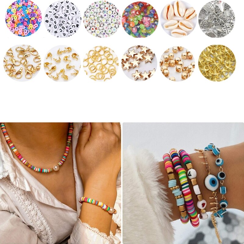 DIY Craft Kit Polymer Clay Beads Flat Round Polymer Clay Spacer Beads for Jewelry Making Bracelets Necklace Earring