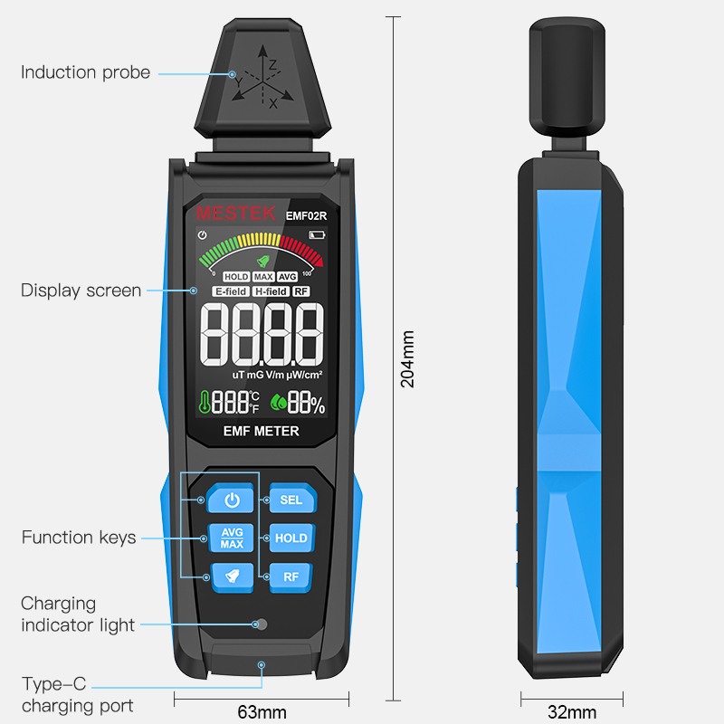 Medidor EMF de alta frecuencia, 30MHz ~ 8Ghz, Detector de radiación de campo electromagnético, probador de radómetro de tres ejes, medidor recargable