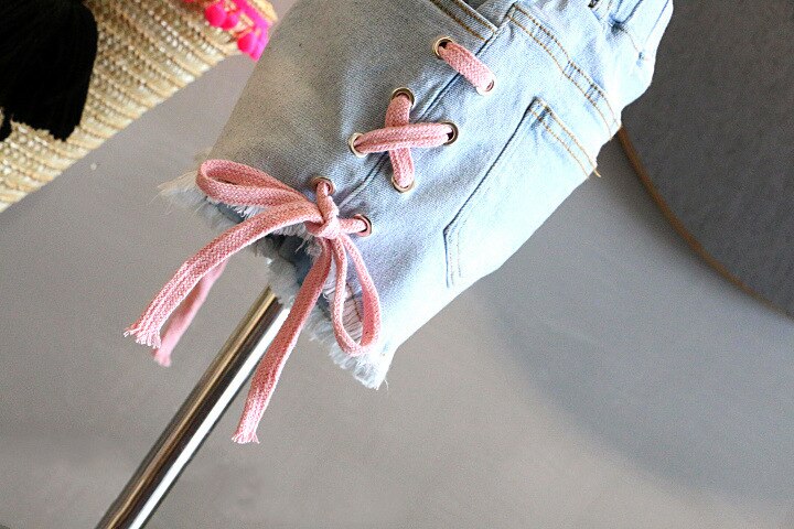 summer children kids clothes denim pants soft cute side contrast color cross strap baby girl shorts jeans