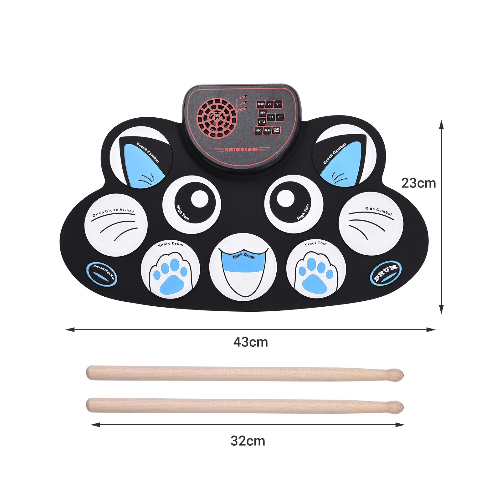 Roll-up Electronic Drum Pad Digital Drum 10 Rhythms Record 3.5mm Microphone Input Headphone Monitoring External Speaker Output