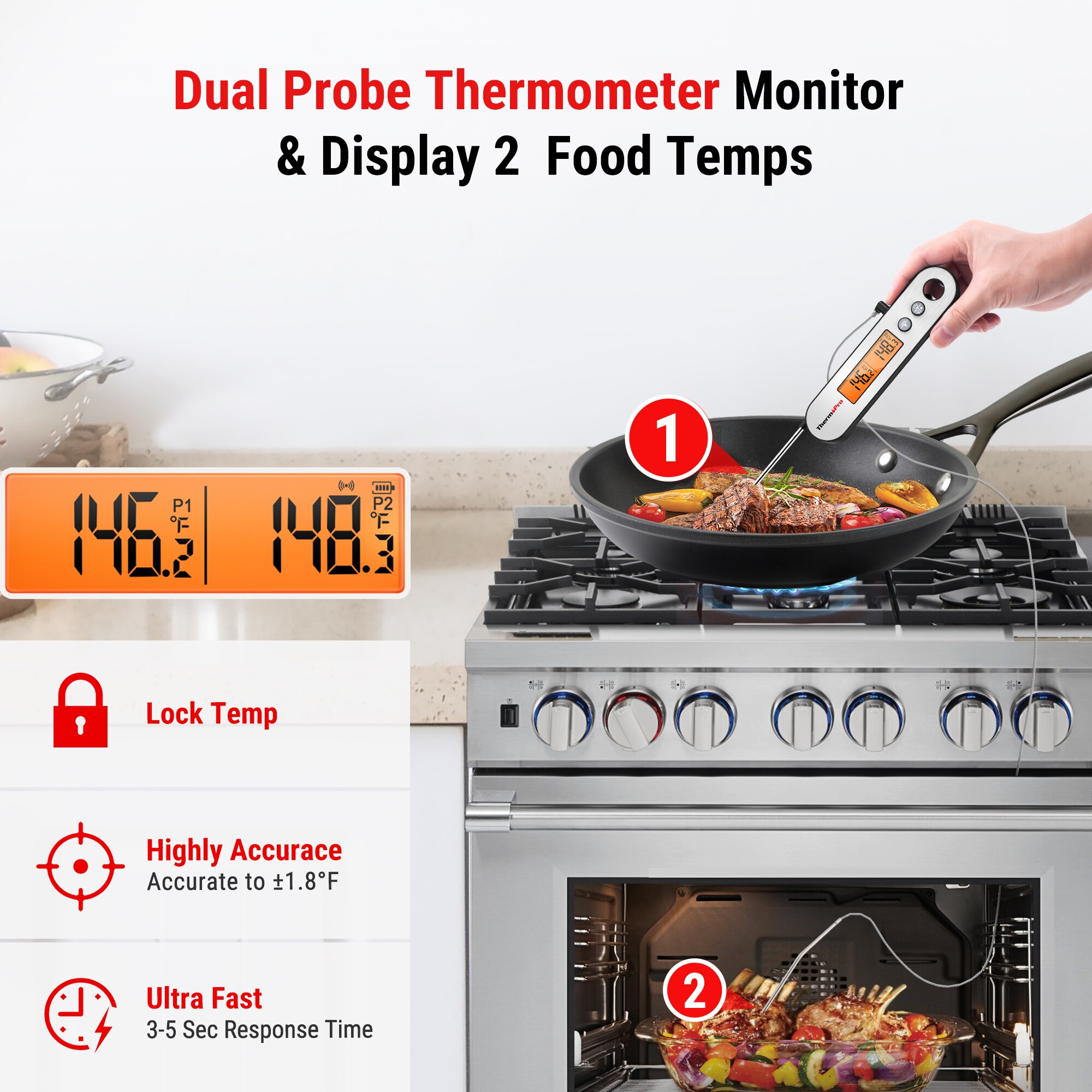 ThermoPro TP07 Draadloze keuken voedsel koken thermometer voor BBQ roker grill oven vlees thermometer met timer functies, 300 voet bereik, batterijen inbegrepen