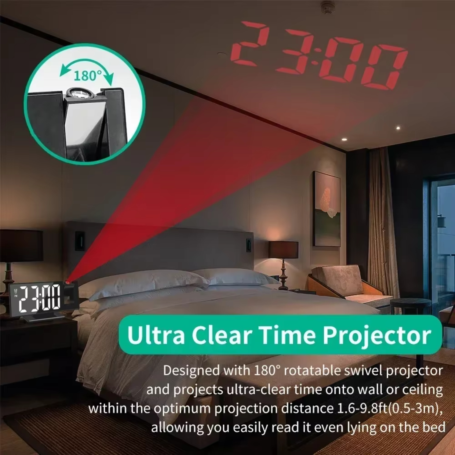 180° Rotation Projection with Time Temperature Digital Snooze Table Clock 12/24H USB Projector Clock Reloj de pared luminoso