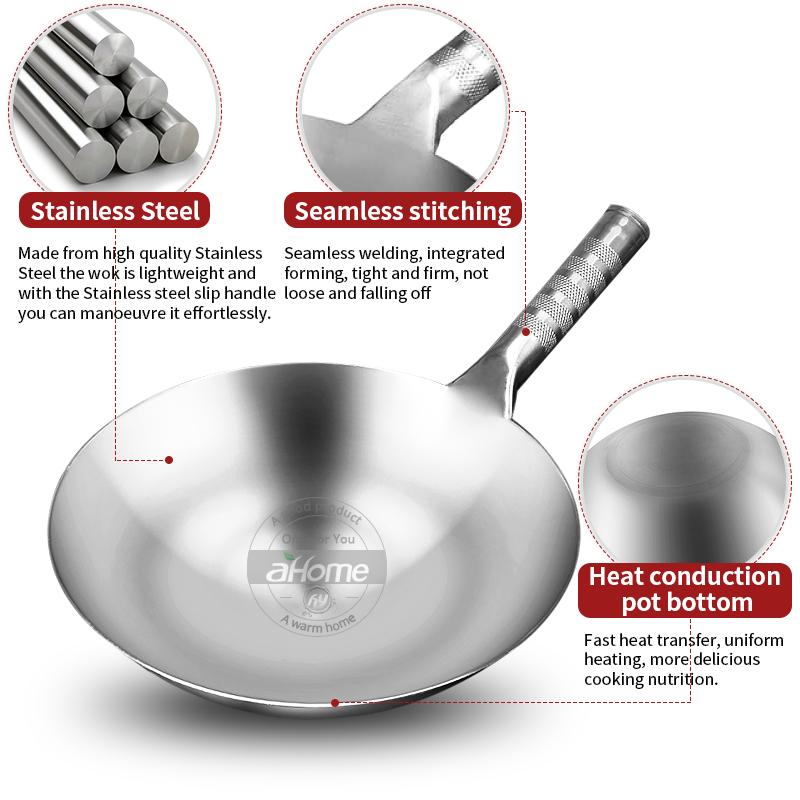 Stainless Steel Wok 1.8mm Thick Chinese Handmade Wok Traditional Kitchen Non-stick Anti-rust Gas Wok Pan Cooking