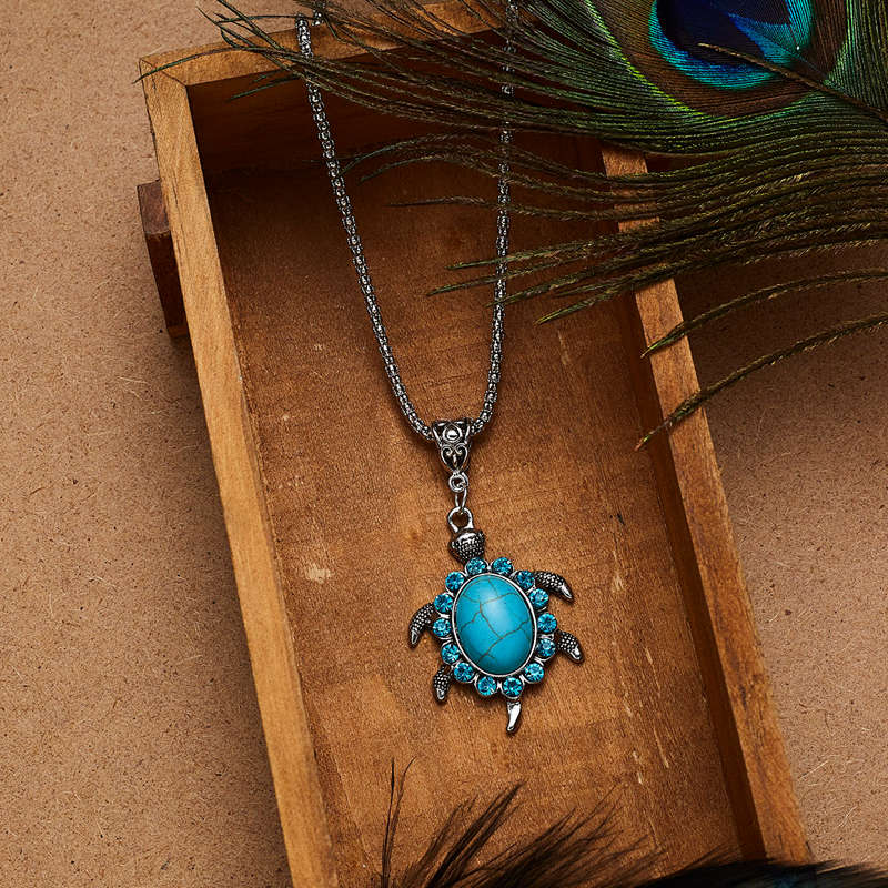 Weibliche Jahrgang Meer Schildkröte Schildkröte Halskette Frauen Halsband Blau Ebene Anhänger Silber Farbe Kette Strass freundlicher Schmuck