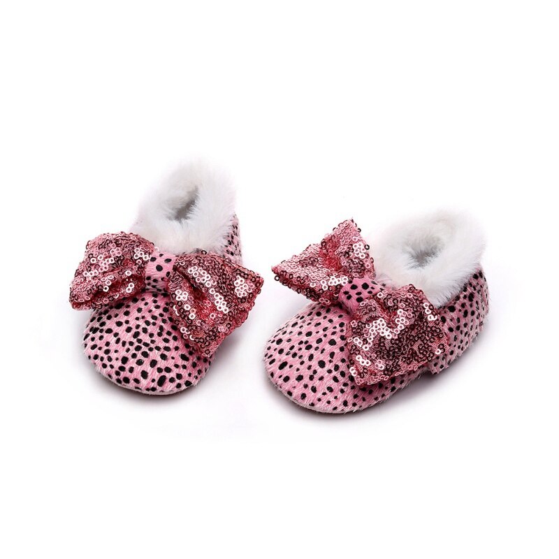 Bonitos zapatos de invierno para niñas de 0 a 24 meses con de leopardo y lazo, zapatos suaves y bonitos para niñas, botas de nieve infantil, zapatos para niños pequeños