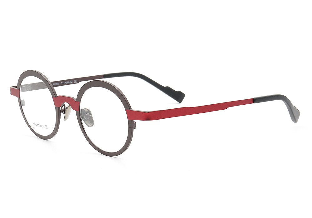 Naisten pyöreät silmälasikehykset miesten retrosilmälasikehykset puhdasta titaania metalliset täyskehykset rento kevyet reseptilasit: Punaruskea  c1