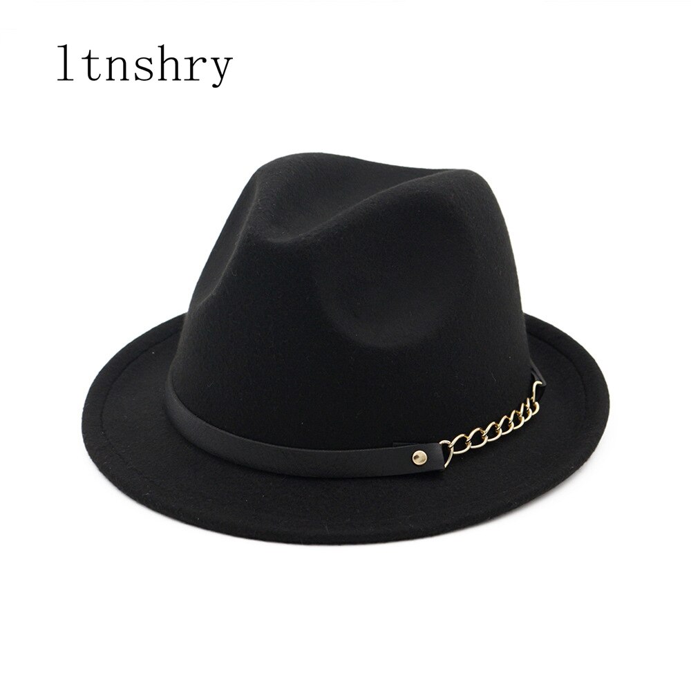 Efterår vinter uldfilt fedora hatte med bælte bred flad kant jazz trilby formel top hat panama cap til unisex mænd kvinder: 5