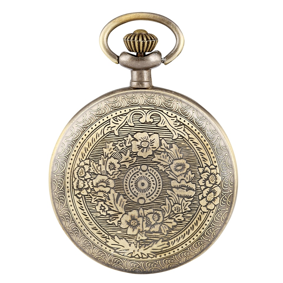 No Cover Quartz Pocket Watches Roman Numerals Bronze Floral Rattan Back Case Necklace Retro Chain Watch for Men Women