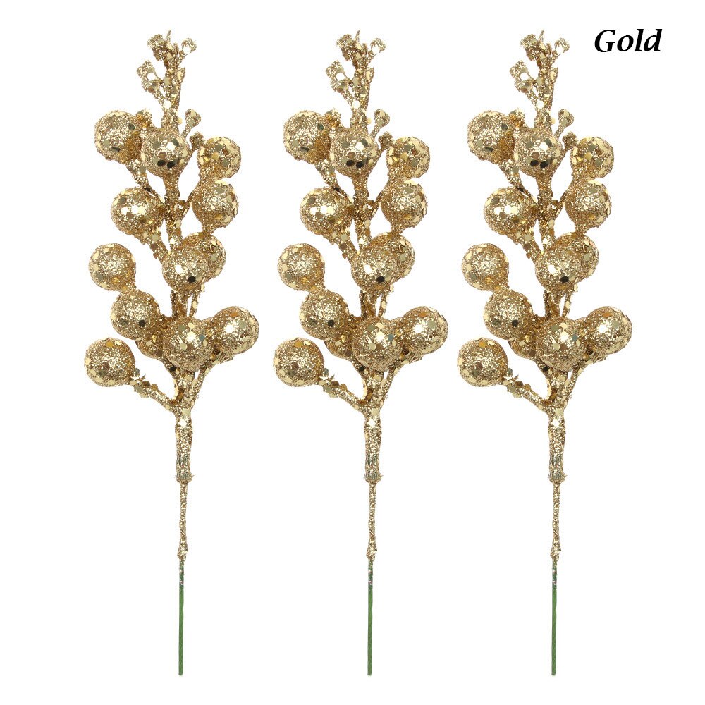 3Pcs/lot Colorful Christmas Tree Decoration Fruit Hanging Baubles Sequins Cherry Berries Party Ornament Xmas Wreath Accessories: gold