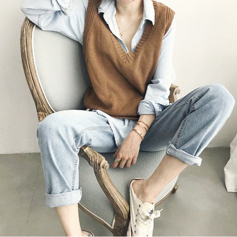 Høstgenser damevest koreansk elegant v-hals strikket genser kvinne solid høst vinter vintage ermeløs casual genser