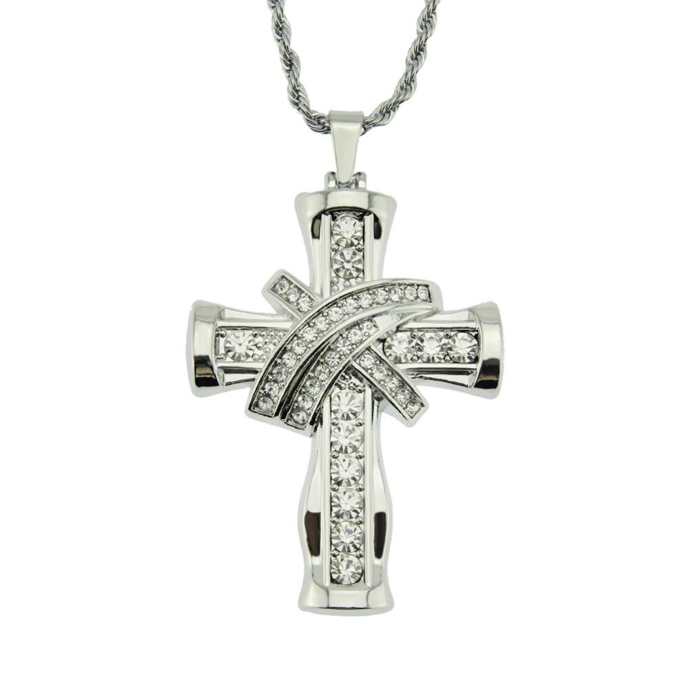 Hip Hop, diamantes de imitación pavimentados, Bling Iced Out Tie, colgantes de cruz, collar para hombres, joyería de rapero, Color oro, plata, triangulación de