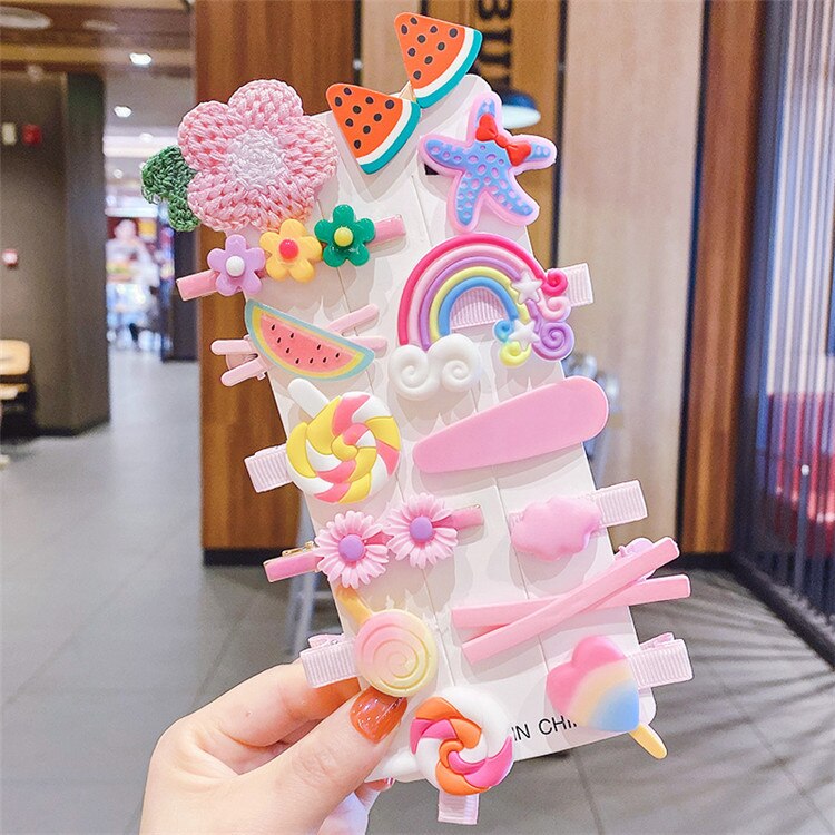 14 unids/caja niños dulce lindo de dibujos animados de seguridad adorno para el cabello Clips chicas bebé bandas para el cabello de los niños horquillas accesorios para el cabello