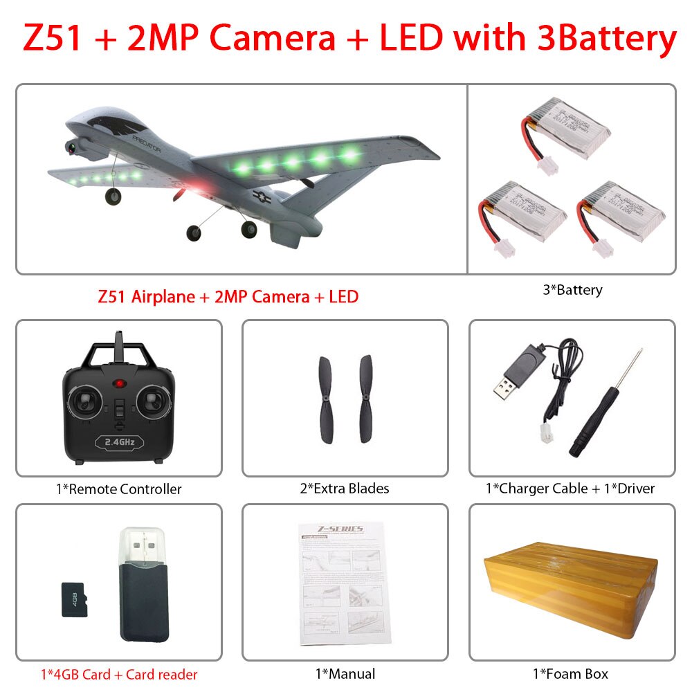 RC Airplane Plane Z51 with 2MP HD Camera or No Camera 20 Minutes Fligt Time Gliders With LED Hand Throwing Wingspan Foam Plane