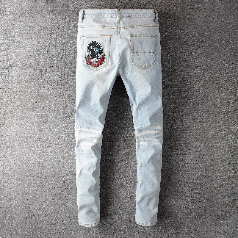 Mens Summer Jeans Men's Bear Embroidery Patchwork Hip Hop Light Blue Jeans Streetwear Holes Ripped Stretch Denim Skinny Jeans