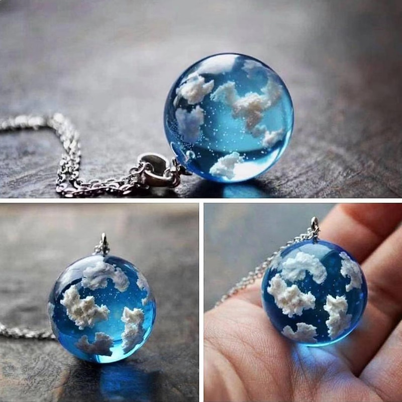 Transparent Resin Rould Ball Moon Pendant Necklace Women Blue Sky White Cloud Chain Necklace Jewelry