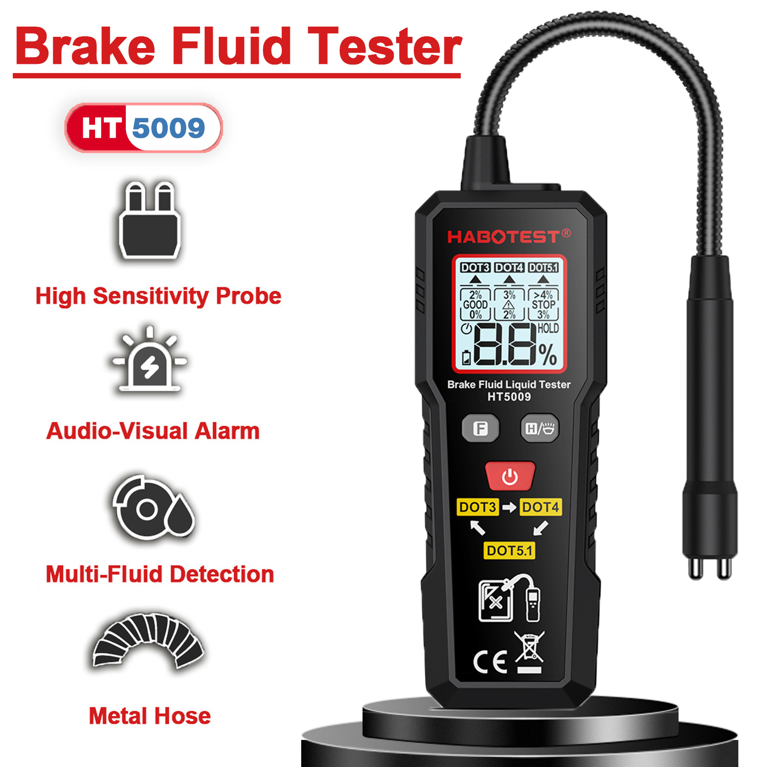 tester digitale del liquido dei freni Rilevatore di olio dei freni per auto per punto3/punto4/punto5.1 Analizzatore di umidità dell'olio dei freni con sonda flessibile retroilluminata