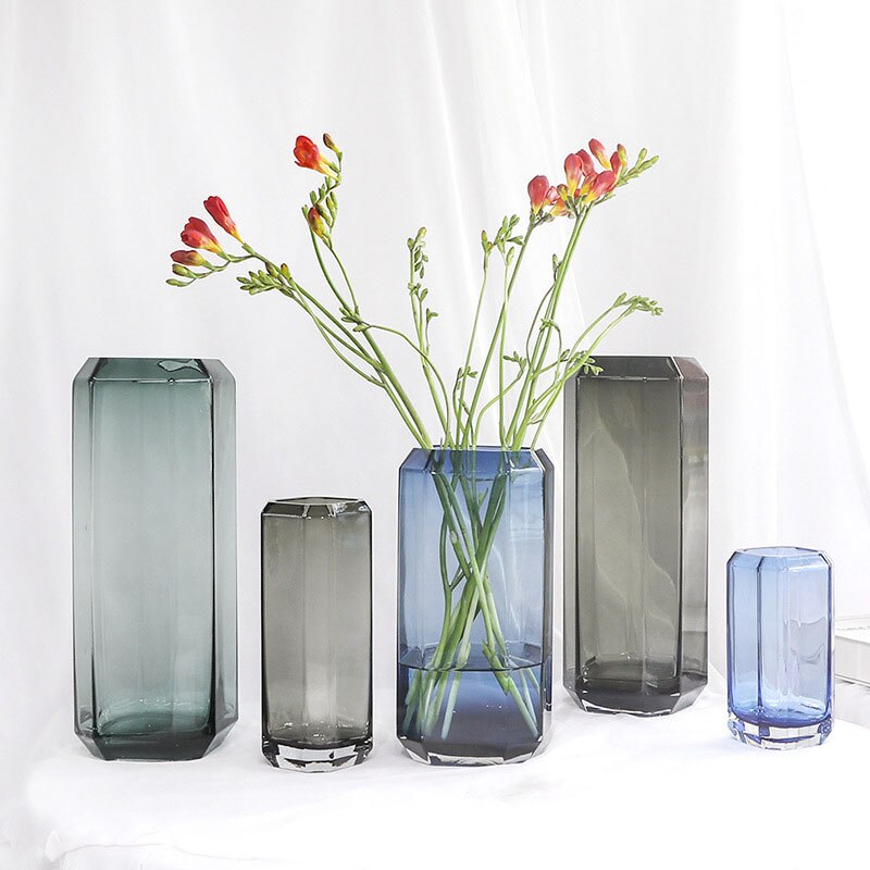 Hexagon Transparent Glass Vase Home Decoration Flower Arrangement Office Display Furnishing 3D Solid Hydroponics Crafts