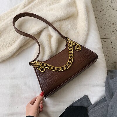 Casual alligator ketting handtassen dames krokodillenpatroon schoudertassen dames pu leren okselpakket dames handtas clutch: Koffie