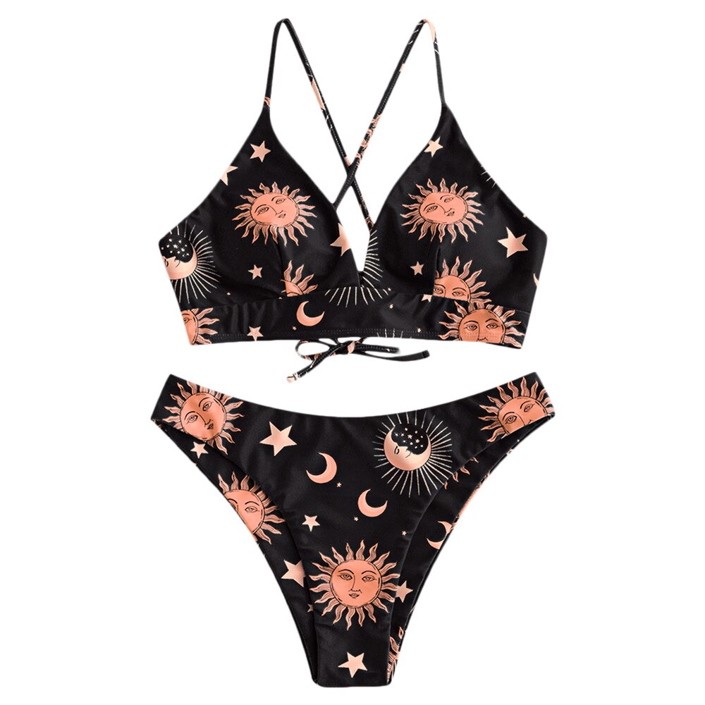 ZAFUL Stern Sonne Mond Spitze hoch Bikini einstellen Spaghetti-trägern Draht Freies Schwimmen Anzug Frauen Sommer Badeanzug hoch schneiden gepolsterte Bademode: Multi d / S